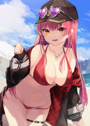 Rule 34 | 1girl, absurdres, bikini, black hat, black jacket, blue sky, breasts, bridal garter, cloud, commentary request, day, earrings, eyewear on headwear, hat, heart, heart-shaped eyewear, heart earrings, heart necklace, hetero, highres, hololive, houshou marine, houshou marine (summer), jacket, jewelry, large breasts, long hair, long sleeves, looking at viewer, nabeniuitagomi, navel, necklace, o-ring, o-ring thigh strap, outdoors, red bikini, red eyes, red hair, sky, solo, sunglasses, swimsuit, thigh strap, virtual youtuber, yellow eyes