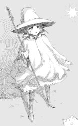 Rule 34 | 1990s (style), 1girl, :o, arsenixc, artist self-insert, berserk, cape, fictional persona, greyscale, hat, highres, monochrome, schierke (berserk), short hair, solo, sparks, staff, standing, witch, witch hat