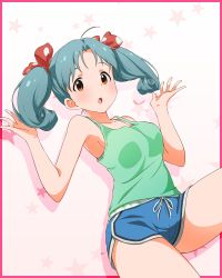 Rule 34 | 1girl, absurdres, ahoge, armpits, asanaya, bare shoulders, blue shorts, border, bra, breasts, commentary, curly hair, drawstring, eyebrows hidden by hair, forehead, green bra, green hair, green tank top, hair ribbon, hands up, highres, idolmaster, idolmaster million live!, idolmaster million live! theater days, leg up, looking at viewer, medium breasts, medium hair, multicolored bra, multicolored clothes, open mouth, parted bangs, pink background, pink border, polka dot, polka dot ribbon, red ribbon, ribbon, short shorts, shorts, sideboob, star (symbol), starry background, tank top, thighs, tokugawa matsuri, twintails, twintails day, two-tone background, underwear, white background, white bra