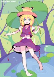 Rule 34 | 1girl, adapted costume, anklet, barefoot, blonde hair, feet, female focus, hat, ideolo, jewelry, leaf umbrella, moriya suwako, no nose, no panties, open mouth, outstretched arm, short hair, smile, solo, touhou