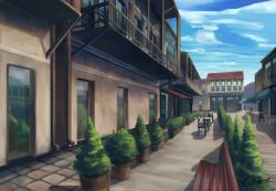 Rule 34 | absurdres, bad id, bad pixiv id, bench, blue sky, chair, cloud, commentary request, fence, hakuurei amano, highres, no humans, original, outdoors, plant, reflection, scenery, shadow, shopping district, sky, table, window