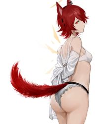 Rule 34 | 1girl, animal ears, arknights, arms behind back, ass, back, bare legs, bra, breasts, closed mouth, commentary, cowboy shot, detached wings, earrings, english commentary, exusiai (arknights), eyelashes, from side, hairband, halo, highres, jewelry, kemonomimi mode, kupikuuu, looking at viewer, medium breasts, off shoulder, panties, parted bangs, partially undressed, profile, red eyes, red hair, shirt, short hair, simple background, smile, solo, tail, thighs, underwear, white background, white bra, white panties, white shirt, wings, wolf ears, wolf tail