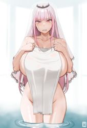 Rule 34 | 1girl, alternate breast size, bathing, blush, breasts, clenched teeth, collarbone, covering privates, groin, handplug, highres, hololive, hololive english, huge breasts, long hair, looking at viewer, mori calliope, naked towel, nude, nude cover, pink eyes, pink hair, red eyes, sideboob, solo, standing, teeth, thighs, tiara, towel, towel over breasts, veil, virtual youtuber, wading, water
