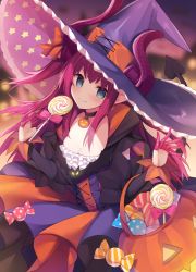 Rule 34 | 1girl, black cape, black choker, black sleeves, blue eyes, blush, breasts, candy, candy wrapper, cape, choker, cleavage, closed mouth, commentary request, curled horns, demon tail, detached sleeves, dragon horns, dress, elizabeth bathory (fate), elizabeth bathory (halloween caster) (fate), fang, fang out, fate/grand order, fate (series), food, frilled hat, frills, hair between eyes, halloween bucket, hat, holding, holding candy, holding food, holding lollipop, horns, horns through headwear, lollipop, long hair, long sleeves, looking at viewer, miko (royal milk), multicolored cape, multicolored clothes, orange cape, pink hair, purple hat, small breasts, smile, solo, star (symbol), striped clothes, striped dress, swirl lollipop, tail, vertical-striped clothes, vertical-striped dress, very long hair, witch hat