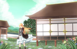 Rule 34 | 1girl, absurdres, alternate hair color, architecture, bad id, bad pixiv id, blonde hair, blue sky, cloud, day, dress, east asian architecture, flower, grass, highres, hijiri byakuren, juliet sleeves, layered dress, long hair, long sleeves, looking at viewer, mountain, puffy sleeves, sanpyon, sky, smile, solo, stone, touhou, tree, v arms, wind, yellow eyes