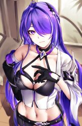 Rule 34 | 1girl, absurdres, acheron (honkai: star rail), asymmetrical gloves, bandaged arm, bandages, belt, black belt, black choker, black gloves, breasts, choker, cleavage, commentary request, crop top, elbow gloves, gloves, hair ornament, hair over one eye, halterneck, head tilt, highres, honkai: star rail, honkai (series), large breasts, long hair, looking at viewer, midriff, navel, purple eyes, purple hair, pyeong-il pyeongil, single bare shoulder, solo, upper body, very long hair