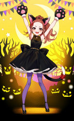 Rule 34 | 1girl, animal ears, animal hands, armpits, arms up, back bow, bare shoulders, bare tree, bell, black bow, black dress, black footwear, black gloves, bow, brown eyes, brown hair, cat ears, cat girl, cat tail, crescent, dress, forehead, full body, fur-trimmed gloves, fur trim, gloves, hair bow, high heels, high ponytail, highres, jack-o&#039;-lantern, jingle bell, long hair, marinasu (kari), open mouth, pantyhose, parted bangs, paw gloves, pennant, ponytail, purple pantyhose, red bow, round teeth, shoes, sleeveless, sleeveless dress, solo, standing, star (symbol), string of flags, tail, tail bell, tail bow, tail ornament, teeth, touma rin, tree, upper teeth only, v-shaped eyebrows, virtual youtuber, yuu (higashi no penguin)