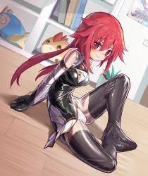 Rule 34 | 1girl, absurdres, adapted costume, arms behind back, bdsm, bodysuit, book, bookshelf, bound, bound arms, bound legs, choujigen game neptune, commentary request, embarrassed, highres, indoors, long hair, looking at viewer, low twintails, monoglove, neptune (series), red eyes, red hair, shelf, shiny clothes, skin tight, soles together, solo, stuffed toy, tennouboshi uzume, twintails, xiongmao