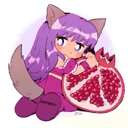 Rule 34 | 1girl, animal ears, blush stickers, chibi, commission, detached sleeves, food, fruit, fujiwara zakuro, highres, kitchupsandwich, kneeling, long hair, looking back, magical girl, mew zakuro, name connection, object namesake, pomegranate, puffy detached sleeves, puffy sleeves, purple eyes, purple footwear, purple hair, purple shirt, purple shorts, purple wristband, shirt, shorts, signature, simple background, solo, tail, tokyo mew mew, white background, wolf ears, wolf girl, wolf tail