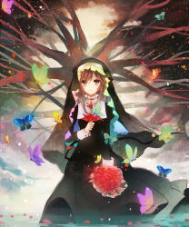 Rule 34 | 1girl, bouquet, brown eyes, brown hair, bug, butterfly, flower, holding, holding bouquet, holding flower, bug, jewelry, kazu (muchuukai), looking at viewer, necklace, nun, original, solo, tree