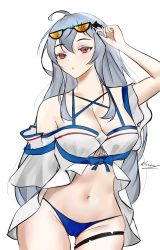 Rule 34 | 1girl, absurdres, ahoge, arknights, bikini, breasts, cameltoe, cleavage, epicstash, hair between eyes, highres, huge filesize, large breasts, long hair, navel, official alternate costume, red eyes, self-upload, silver hair, simple background, skadi (arknights), skadi (waverider) (arknights), solo, stomach, sunglasses, swimsuit, thigh strap, thighs, white background