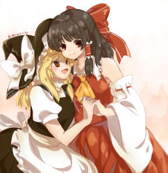 Rule 34 | 2girls, :d, apron, ascot, bare shoulders, black hair, blonde hair, blush, bow, breasts, brown eyes, cheek-to-cheek, commentary, detached sleeves, hair bow, hair ribbon, hair tubes, hakurei reimu, hand on another&#039;s back, hat, hat bow, hat ribbon, heads together, height difference, holding hands, hug, interlocked fingers, kirisame marisa, large bow, long hair, long skirt, looking at viewer, medium breasts, multiple girls, open mouth, puffy short sleeves, puffy sleeves, red eyes, ribbon, short sleeves, skirt, skirt set, smile, tachiuo (arines), touhou, tress ribbon, twitter username, vest, waist apron, witch hat, yuri