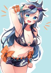 Rule 34 | 1girl, adapted costume, arm ribbon, bad id, bad twitter id, black shirt, black shorts, blue background, blue eyes, blue hair, bow, breasts, centipede print, cleavage, commentary request, cowboy shot, eyewear on head, fang, highres, himemushi momoyo, jewelry, leaning forward, long hair, medium breasts, meimei (meimei89008309), midriff, navel, open mouth, orange bow, orange ribbon, ribbon, ring, shirt, short shorts, shorts, simple background, solo, stomach, touhou, very long hair