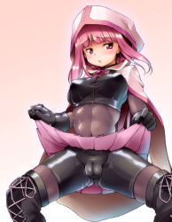 Rule 34 | 1girl, abs, bad anatomy, belly, belt, black gloves, blunt bangs, blush, bodystocking, bodysuit, bon (moegomi), boots, braid, breasts, cameltoe, cloak, clothes lift, commentary request, covered erect nipples, cross-laced footwear, gloves, gradient background, hood, hooded cloak, lace-up boots, large breasts, lifted by self, looking at viewer, magia record: mahou shoujo madoka magica gaiden, magical girl, mahou shoujo madoka magica, pink background, pink belt, pink eyes, pink hair, pink skirt, pleated skirt, skirt, skirt hold, skirt lift, solo, spread legs, standing, tagme, tamaki iroha, thigh boots, thighhighs, twin braids
