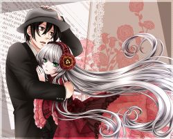 Rule 34 | 1boy, 1girl, chin strap, doily, dress, floral background, formal, gosick, gown, green eyes, hair between eyes, hairband, hand on headwear, hara sae, hat, hetero, holding, hug, kujou kazuya, lolita hairband, long hair, looking away, aged up, open mouth, red dress, silver hair, spoilers, suit, very long hair, victorica de blois, wide sleeves