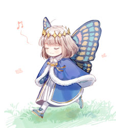 Rule 34 | 1boy, blue cape, blush, butterfly wings, cape, chibi, closed eyes, closed mouth, diamond hairband, fairy, fate/grand order, fate (series), fur-trimmed cape, fur trim, insect wings, male focus, medium hair, musical note, oberon (fate), shichimi (ftlvampire32), silver hair, smile, solo, wings