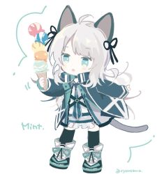 Rule 34 | 1girl, :o, ahoge, animal ears, arknights, black jacket, black thighhighs, blue eyes, cat ears, cat girl, cat tail, character name, chibi, commentary request, dress, food, full body, grey hair, holding, holding food, ice cream, ice cream cone, jacket, long sleeves, mint (arknights), naguru (cyoroama), open clothes, open jacket, parted lips, shoes, sleeves past wrists, solo, standing, tail, thighhighs, twitter username, white background, white dress, white footwear