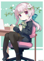 Rule 34 | 1girl, black footwear, black jacket, black pantyhose, black skirt, bow, braid, branch, chair, coffee cup, commission, copyright request, cup, disposable cup, flower, flower pot, gradient hair, green background, green bow, green hair, green shirt, grey hair, hair flower, hair ornament, highres, jacket, long hair, long sleeves, looking at viewer, multicolored hair, office chair, on chair, pantyhose, plant, potted plant, red eyes, shirt, shoes, sitting, skeb commission, skirt, solo, swivel chair, thigh strap, two-tone background, white background, white flower, yuzuki gao