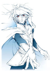 Rule 34 | 1boy, armor, bodysuit, breastplate, cape, cowboy shot, gloves, hiiragi yuki (escape club), looking at viewer, male focus, red eyes, simple background, soldier blue, solo, standing, toward the terra, uniform, white background