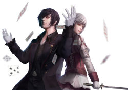 Rule 34 | 1boy, 1girl, absurdres, arms up, asymmetrical bangs, belt, black coat, black hair, blunt bangs, brown belt, buttons, card, closed mouth, coat, collar, collared coat, corset, eyes visible through hair, gloves, highres, holding, holding sword, holding weapon, long sleeves, looking at viewer, looking back, open clothes, open coat, original, red eyes, short hair, simple background, skirt, sleeve cuffs, smile, standing, straight hair, sword, weapon, wei chang, white background, white gloves, white hair, white skirt