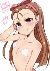 Rule 34 | 1girl, bikini, blush, bow, bow hairband, brown hair, closed mouth, dated, flat chest, hair bow, hairband, hand up, happy birthday, highres, idolmaster, idolmaster (classic), konboi-eg, long hair, looking at viewer, minase iori, pink bikini, pink bow, pink eyes, pink hairband, smile, solo, swimsuit, upper body, white background