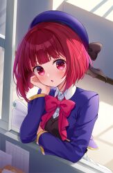 Rule 34 | 1girl, :o, absurdres, arima kana, artist name, beret, black bow, black ribbon, black vest, blue hat, blue jacket, bob cut, bow, bowtie, collared shirt, commentary, cropped jacket, hand on own cheek, hand on own face, hat, hat bow, head rest, highres, holding, holding paper, indoors, inverted bob, jacket, light blush, looking at viewer, moorina, no pupils, oshi no ko, paper, parted lips, pink bow, pink bowtie, red eyes, red hair, ribbon, school uniform, shirt, short hair, solo, vest, white shirt, window shadow, youtou high school uniform