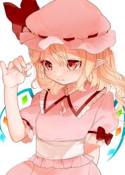 Rule 34 | 1girl, alternate costume, arm behind back, bad id, bad twitter id, blonde hair, blush, commentary request, crystal, dress, flandre scarlet, frilled shirt collar, frills, gotou (nekocat), hair between eyes, hand up, hat, hat ribbon, highres, long hair, mob cap, one side up, pink dress, pink hat, pointy ears, puffy short sleeves, puffy sleeves, red eyes, red ribbon, ribbon, sash, short sleeves, solo, touhou, upper body, white sash, wings