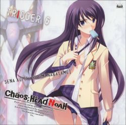 Rule 34 | 00s, 1girl, album cover, aoi sena, blue eyes, blue hair, blue panties, breasts, chaos;head, clothes lift, cover, english text, engrish text, food, highres, long hair, matching hair/eyes, medium breasts, mouth hold, navel, necktie, no bra, non-web source, official art, open clothes, panties, pantyshot, plaid, plaid necktie, plaid neckwear, plaid skirt, popsicle, purple eyes, ranguage, scan, school uniform, shirt, skirt, skirt lift, solo, sword, thigh gap, thighs, underwear, undressing, very long hair, weapon, white shirt, wind, wind lift