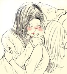 Rule 34 | 2girls, commentary request, french kiss, hand on another&#039;s arm, highres, ichino rai, kiss, long hair, long sleeves, lying, medium hair, multiple girls, on bed, on side, original, pillow, sweater, tongue, tongue out, yuri