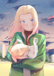Rule 34 | 1girl, absurdres, bag, baozi, blonde hair, blue eyes, blurry, blurry background, blush, casual, clara (girls und panzer), closed mouth, coat, commentary, depth of field, food, girls und panzer, green coat, grocery bag, highres, holding, holding food, long hair, looking at viewer, outdoors, oze (xyz go go11), purple sky, red shirt, religious offering, shirt, shopping bag, sky, smile, solo, standing, twilight, wind
