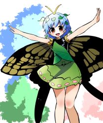 Rule 34 | 1girl, antennae, aqua hair, bare legs, black leotard, brown eyes, butterfly wings, dress, eternity larva, fairy, feet out of frame, fifiruu, green dress, hair between eyes, insect wings, leaf, leaf on head, leotard, multicolored clothes, multicolored dress, open mouth, outstretched arms, short hair, single strap, smile, solo, spread arms, touhou, wings