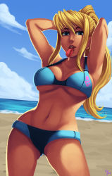 Rule 34 | 1girl, absurdres, adapted costume, adjusting hair, armpits, arms behind head, beach, bikini, blonde hair, blue bikini, blue eyes, blue sky, breasts, cleavage, cloud, contrapposto, cowboy shot, day, highres, large breasts, lips, long hair, looking at viewer, metroid, mouth hold, navel, nintendo, no lineart, nose, ocean, outdoors, parsujera, ponytail, revision, samus aran, scrunchie, sidelocks, sky, solo, standing, swimsuit, tying hair, underboob, zero suit