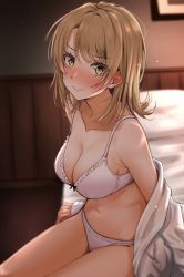 Rule 34 | 1girl, absurdres, arms at sides, blouse, blurry, blush, bra, breasts, brown hair, cleavage, collarbone, commentary request, cowboy shot, depth of field, embarrassed, eyes visible through hair, frilled bra, frilled panties, frills, highres, indoors, isshiki iroha, kitaku (nakamachi machi), large breasts, looking at viewer, navel, nervous smile, nose blush, on bed, open clothes, open shirt, panties, picture frame, shirt, short hair, sitting, smile, solo, underwear, undressing, wavy mouth, white shirt, yahari ore no seishun lovecome wa machigatteiru., yellow eyes