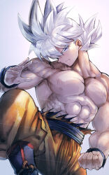 Rule 34 | 1boy, abs, bruise, bruise on face, dragon ball, dragon ball super, grey eyes, injury, leg up, long hair, mattari illust, muscular, muscular male, pants, parted lips, pectorals, sample watermark, solo, son goku, spiked hair, stance, standing, standing on one leg, twitter username, ultra instinct, watermark, white hair, yellow pants