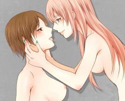 Rule 34 | 2girls, aqua nails, bad id, bad pixiv id, bare arms, bare shoulders, blue eyes, blush, breasts, brown eyes, brown hair, eye contact, face-to-face, grey background, half-closed eyes, imminent kiss, large breasts, lips, long hair, looking at another, megurine luka, meiko (vocaloid), multiple girls, nail polish, namaashi (moi taoru), neck, nipples, nude, parted lips, pink hair, short hair, shy, sideboob, smile, upper body, vocaloid, yuri