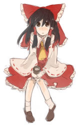 Rule 34 | 1girl, :o, ascot, black eyes, black hair, blush, bow, female focus, frills, hair bow, hair tubes, hakurei reimu, loafers, long sleeves, looking at viewer, mokeo, parted lips, red bow, ribbon-trimmed sleeves, ribbon trim, shoes, sidelocks, sitting, solo, touhou, vest