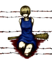 Rule 34 | 1girl, absurdres, artist request, bad id, bad pixiv id, barbed wire, baseball bat, blonde hair, blood, dress, highres, kneeling, looking down, short hair, sketch, sleeveless, smile, solo, usotsuki, yume nisshi