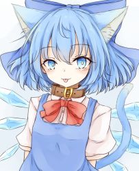 Rule 34 | 1girl, :3, :p, animal ear fluff, animal ears, arms behind back, blue background, blue bow, blue dress, blue eyes, blue hair, blue theme, bow, bright pupils, brown ribbon, cat day, cat ears, cat tail, cirno, collar, commentary request, dress, hair between eyes, hair bow, kemonomimi mode, looking at viewer, neck ribbon, neko mata, pinafore dress, puffy short sleeves, puffy sleeves, red ribbon, ribbon, shirt, short hair, short sleeves, simple background, sleeveless dress, solo, standing, tail, tongue, tongue out, touhou, upper body, white pupils, white shirt, wings