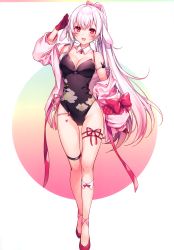 Rule 34 | 1girl, absurdres, animal ears, arm strap, bare legs, bare shoulders, black leotard, bow, breasts, cleavage, collarbone, detached collar, fake animal ears, floppy ears, floral print, full body, gloves, gradient hair, hair bow, hand up, highres, jacket, komeshiro kasu, large breasts, leotard, long hair, long legs, long sleeves, looking at viewer, multicolored hair, off shoulder, open clothes, open jacket, open mouth, original, pink bow, pink hair, pink jacket, playboy bunny, ponytail, rabbit ears, rabbit girl, red eyes, red footwear, red gloves, salute, scan, smile, solo, standing, thigh strap, thighs, very long hair, white hair