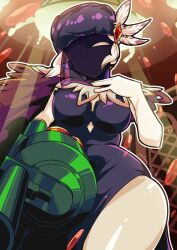Rule 34 | 1girl, absurdres, arm cannon, black dahlia, breasts, cape, cowboy shot, cyborg, dress, elbow gloves, fur hat, gloves, hat, highres, kanpei kankitu, large breasts, looking down, skullgirls, solo, thick thighs, thighs, veil, weapon, white hair