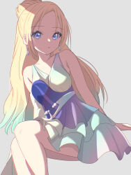 Rule 34 | 1girl, blonde hair, blue dress, blue eyes, blue hair, breasts, chromatic aberration, collarbone, commentary, detached sleeves, dress, drop earrings, earrings, gradient hair, grey background, hair bun, half updo, hand rest, highres, invisible chair, jewelry, leaning to the side, light blue hair, light blush, link! like! love live!, long hair, looking at viewer, love live!, masaki (masakinariya), medium breasts, multicolored clothes, multicolored dress, multicolored hair, open mouth, osawa rurino, parted bangs, sidelighting, single detached sleeve, single hair bun, sitting, sleeveless, sleeveless dress, solo, tsubasa la liberte (love live!), virtual youtuber, white dress