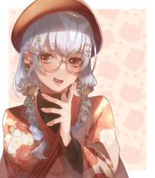 Rule 34 | 1girl, beret, braid, breasts, fang, glasses, hair behind ear, hakase fuyuki, hat, highres, japanese clothes, karupisusawa, kimono, looking to the side, medium breasts, nijisanji, open mouth, portrait, red hat, silver hair, skin fang, smile, solo, twin braids, virtual youtuber