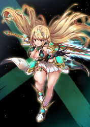 Rule 34 | 1girl, blonde hair, breasts, cleavage, cleavage cutout, clothing cutout, fire, highres, large breasts, long hair, mythra (xenoblade), solo, sword, thighhighs, weapon, xenoblade chronicles (series), xenoblade chronicles 2, yuuuun0218