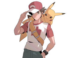 Rule 34 | 1boy, baseball cap, brown eyes, brown hair, closed mouth, commentary request, creatures (company), game freak, gen 1 pokemon, green pants, hand in pocket, hand on headwear, hat, highres, korean commentary, male focus, nintendo, pants, pikachu, pokemon, pokemon (creature), pokemon sm, red (pokemon), red headwear, redlhzz, shirt, short hair, short sleeves, spiked hair, strap, t-shirt