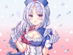 Rule 34 | 1girl, blue hat, blush, braid, breasts, cleavage, cleavage cutout, clothing cutout, commentary request, constellation print, frills, gloves, gradient background, hat, heart, highres, holding, holding syringe, long hair, medium breasts, miyakoto, nurse cap, open mouth, parted bangs, pill, pink background, puffy short sleeves, puffy sleeves, red eyes, short sleeves, silver hair, smile, solo, sparkle, syringe, touhou, two-tone dress, upper body, very long hair, white gloves, yagokoro eirin