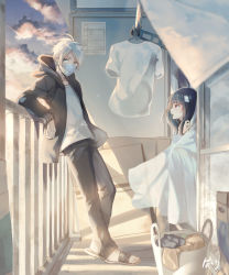 Rule 34 | 1boy, 1girl, against railing, ahoge, arm support, balcony, bandaged head, bandages, black hair, blue sky, blunt bangs, cardbox, clothes hanger, commentary request, curtains, day, gradient sky, hakuri, hood, hoodie, laundry, laundry basket, laundry pole, looking at another, looking away, looking back, mask, mouth mask, official art, onii-san (sachi-iro no one room), open clothes, open hoodie, open mouth, pants, profile, railing, red eyes, sachi-iro no one room, sachi (sachi-iro no one room), sandals, shirt, signature, silver sky, sky, sliding doors, squatting, standing, sunlight, surgical mask, t-shirt, white eyes, white hair, white shirt, window shadow, wrapped up