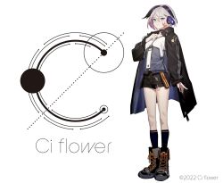 Rule 34 | belt, belt boots, black footwear, black jacket, black shorts, black socks, blue eyes, boots, cevio, character name, choker, ci flower, collarbone, commentary, copyright notice, cross-laced footwear, flower (vocaloid), full body, grey shirt, hand on own chest, headphones, highres, jacket, kneehighs, lace-up boots, layered shirt, logo, looking at viewer, multicolored hair, nail polish, official art, oguchi, purple hair, purple nails, shirt, short hair, shorts, socks, standing, streaked hair, vocaloid, white background, white hair