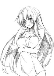 Rule 34 | 1girl, bad id, bad pixiv id, bare shoulders, blush, breasts, cleavage, covered erect nipples, female focus, greyscale, hand on own cheek, hand on own face, large breasts, lips, long hair, monochrome, naked towel, no headwear, redcomet, simple background, smile, solo, touhou, towel, very long hair, white background, yakumo yukari
