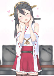 Rule 34 | 10s, 1girl, bare shoulders, black hair, blush, detached sleeves, closed eyes, hairband, hands on own cheeks, hands on own face, haruna (kancolle), heart, hibiki (pixiv231666), japanese clothes, kantai collection, long hair, open mouth, solo, sui (tsuruhibiki), thighhighs, white background, zettai ryouiki