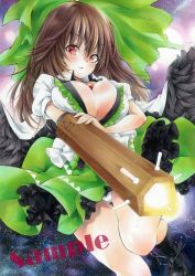 Rule 34 | 1girl, arim0k0, arm cannon, bird wings, bow, breasts, cape, cleavage, green bow, green skirt, hair bow, highres, large breasts, long hair, reiuji utsuho, sample watermark, skirt, solo, touhou, watermark, weapon, wings